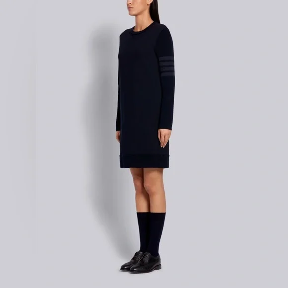 Thom Browne NAVY CLASSIC LOOPBACK TONAL 4-BAR CREWNECK SWEATER DRESS - Picture 3 of 14